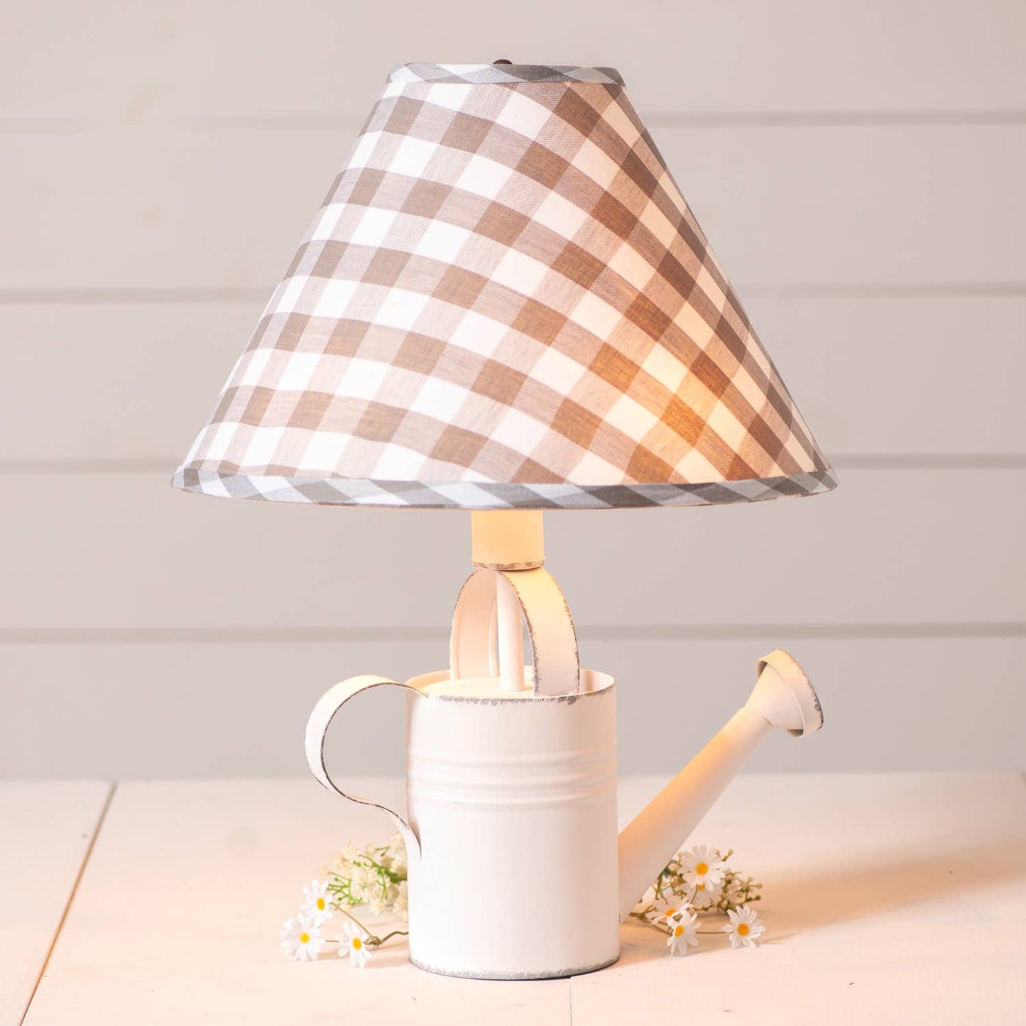 Watering Can Lamp in Rustic White with Gray Check Shade