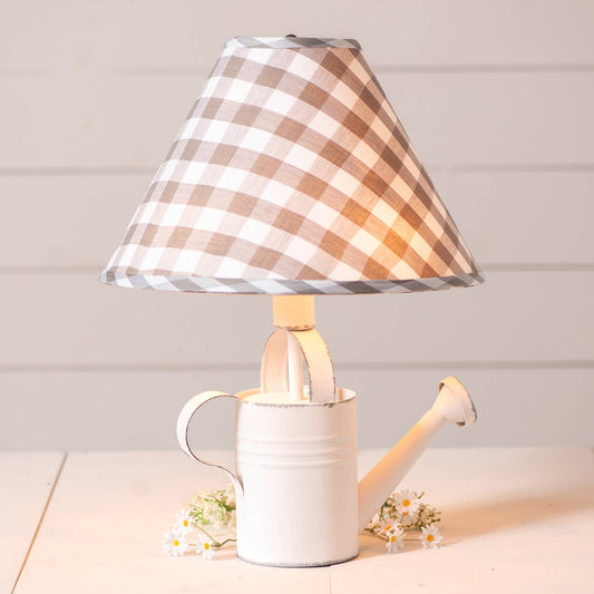 Watering Can Lamp in Rustic White with Gray Check Shade