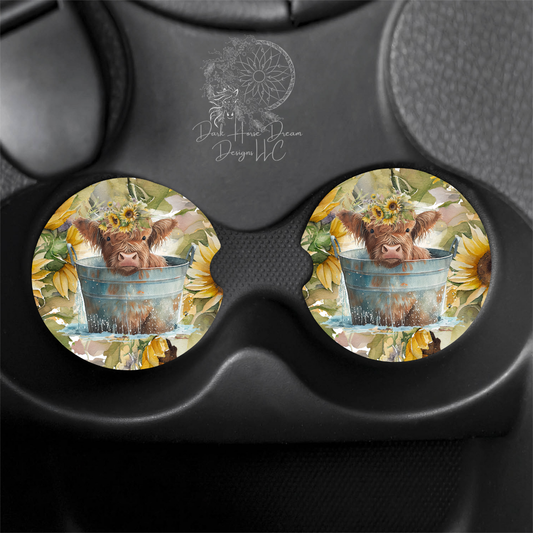 Baby Highland Cow Bath Time Sunflower Car Coasters