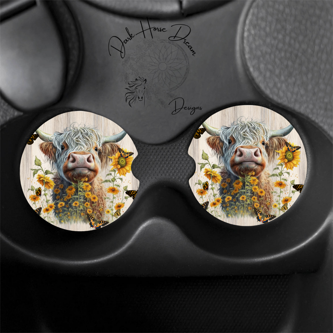 Highland Cow in Butterfly Gardens, Farm Animal- Car Coasters