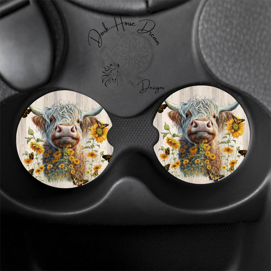 Highland Cow in Butterfly Gardens, Farm Animal- Car Coasters