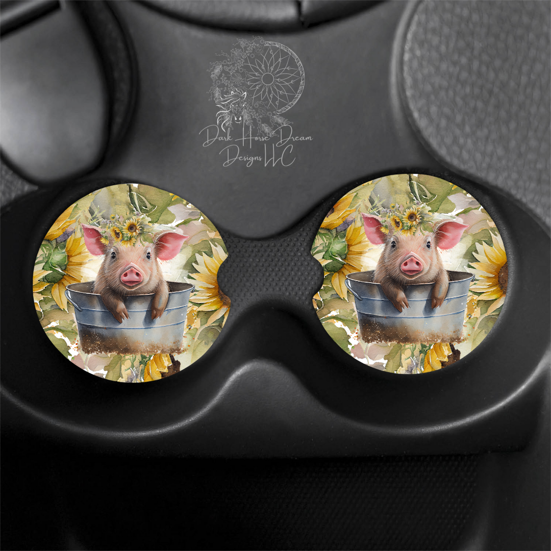 Sunflower Bath Time Piggy / Pig / Piglet Car Coasters