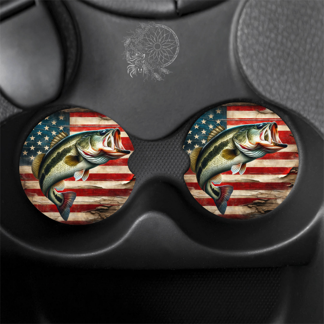 Patriotic Bass- Fishing - Dad - Car Coasters