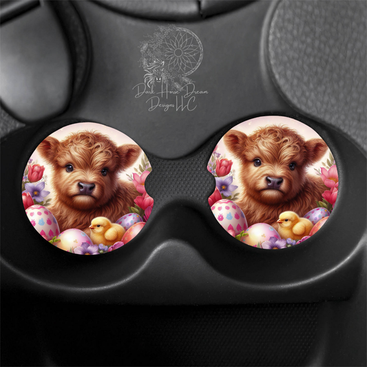 Baby Highland Cow - Easter Eggs - Spring - Car Coasters