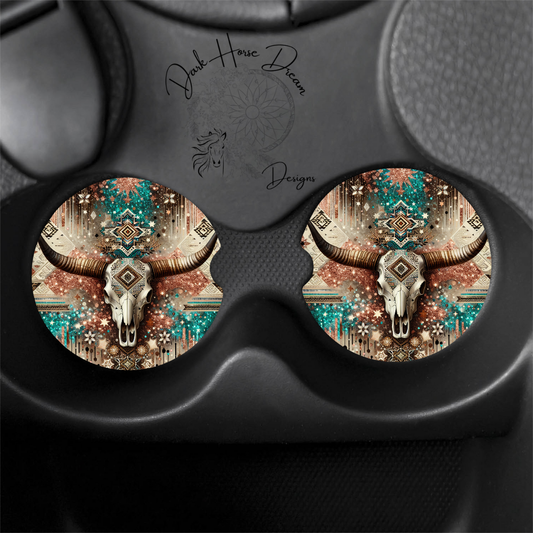 Western Aztec Glam Western Cattle Skull - Car Coasters