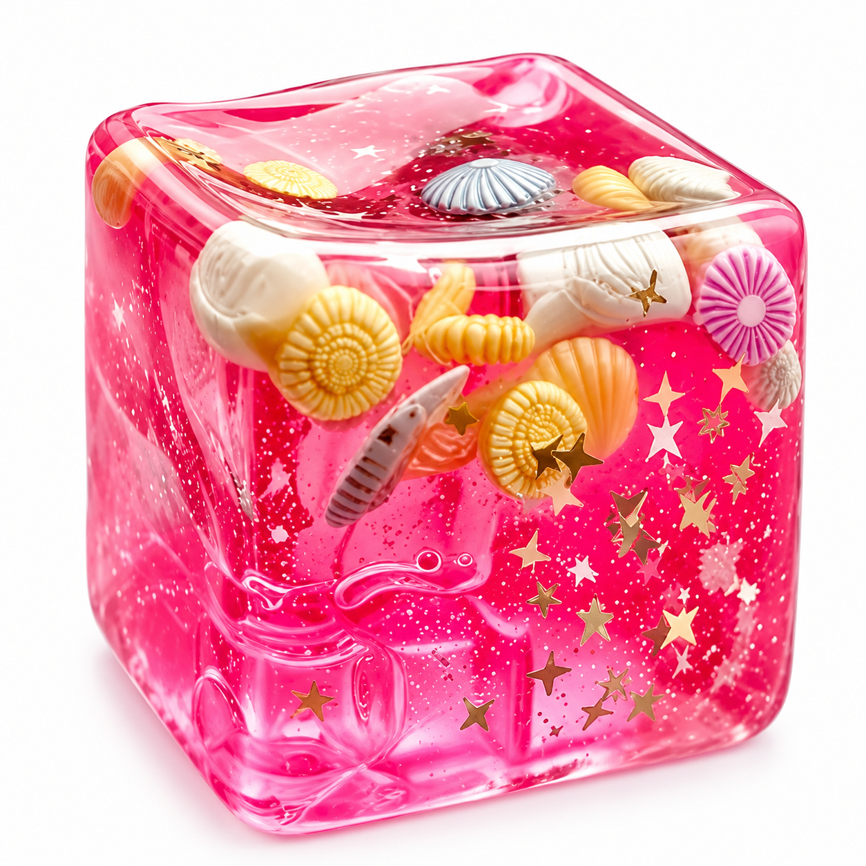 SMALL SQUISHY CUBE WITH SHELLS AND SPARKLES