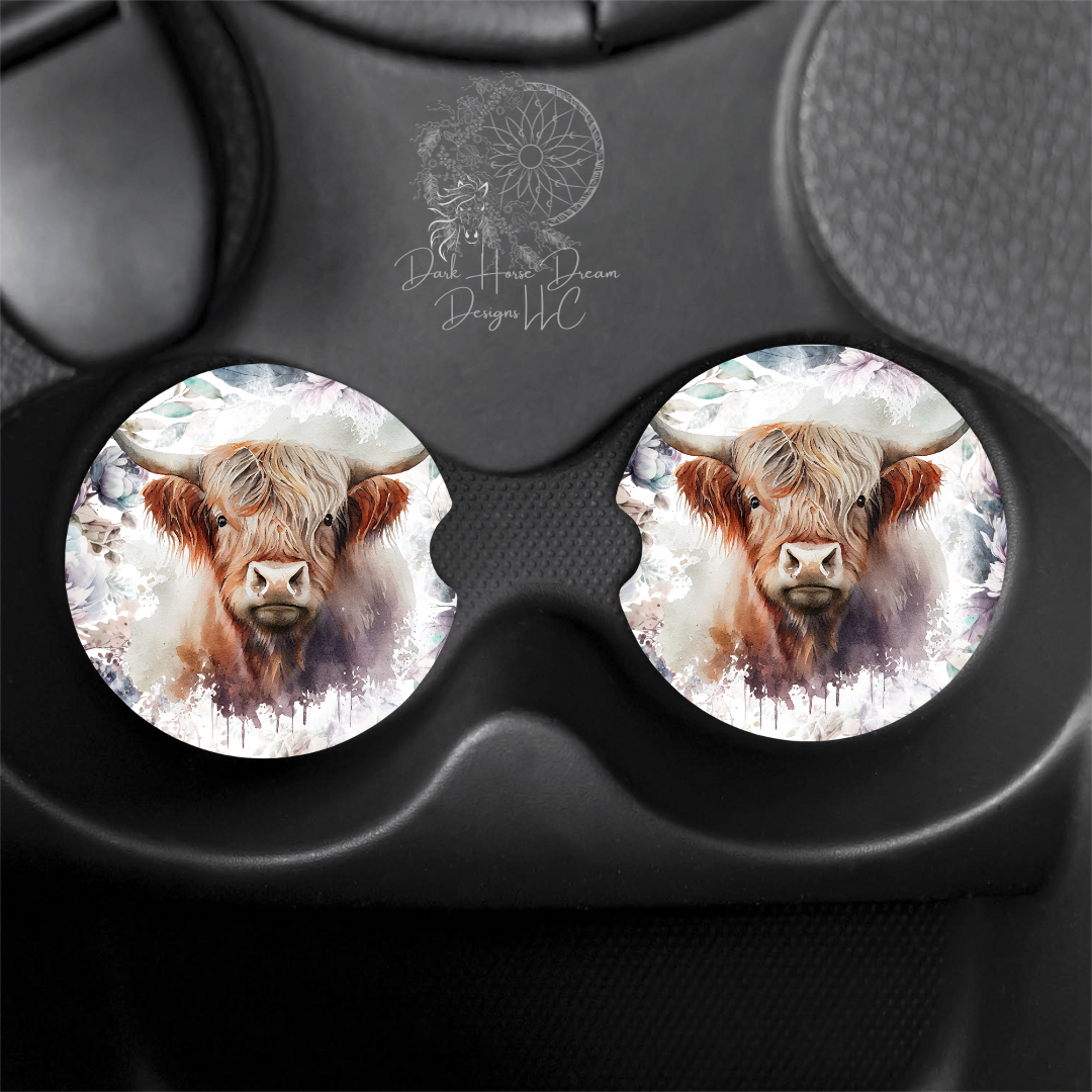 Purple Watercolor Floral Highland Cow Car Coasters