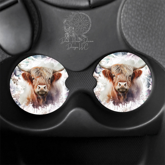 Purple Watercolor Floral Highland Cow Car Coasters