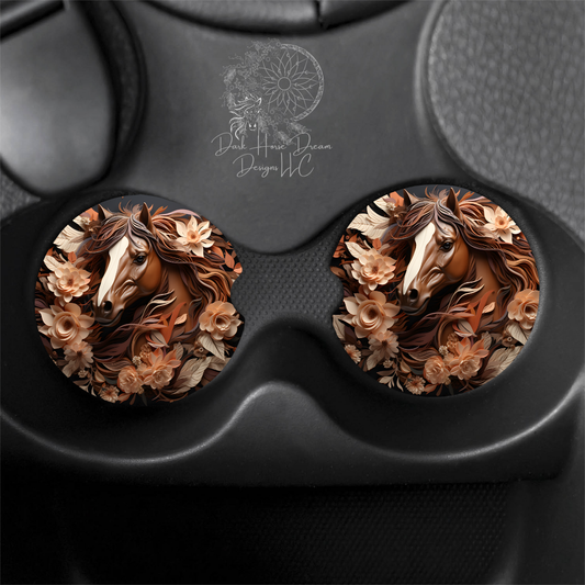 3D Brown Floral Horse / Equine Car Coasters