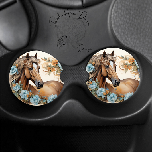Palomino Horse in Blue Florals, Elegant Equine- Car Coasters