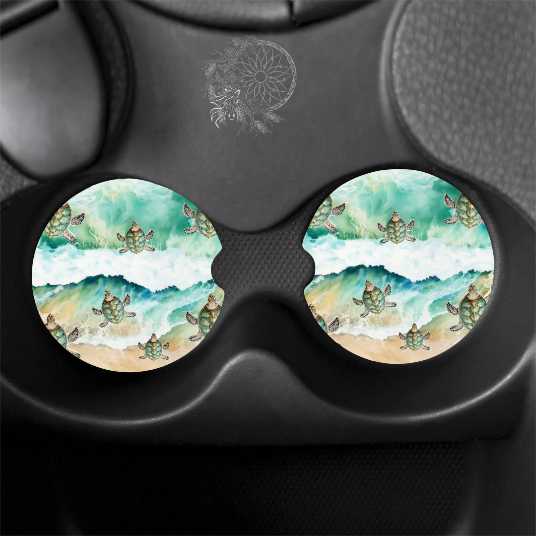 Watercolor Sea Turtle Crossing Car Coasters