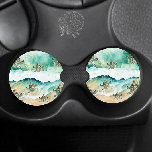 Watercolor Sea Turtle Crossing Car Coasters