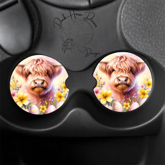Pink Highland Cow in Easter Florals - Car Coasters