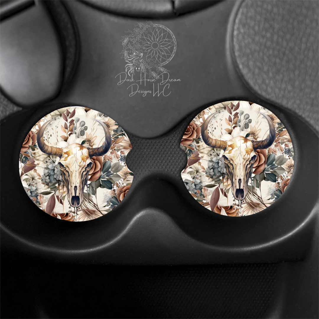 Boho Cow Cattle Skull Car Coasters