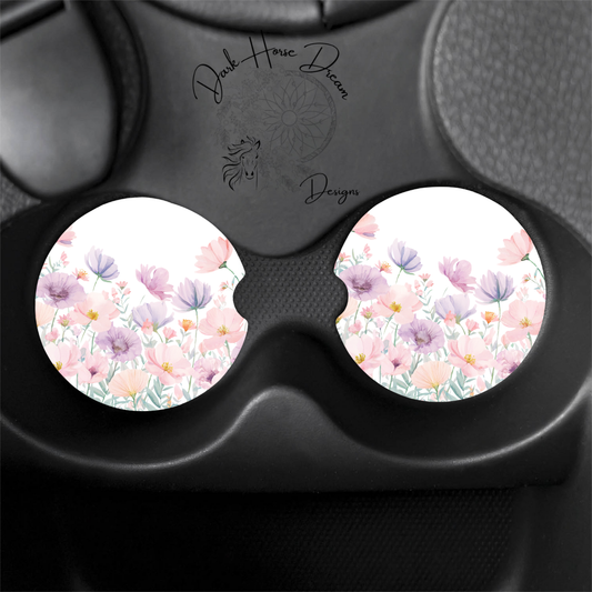 Pink and Purple Pastel Watercolor Florals- Car Coasters